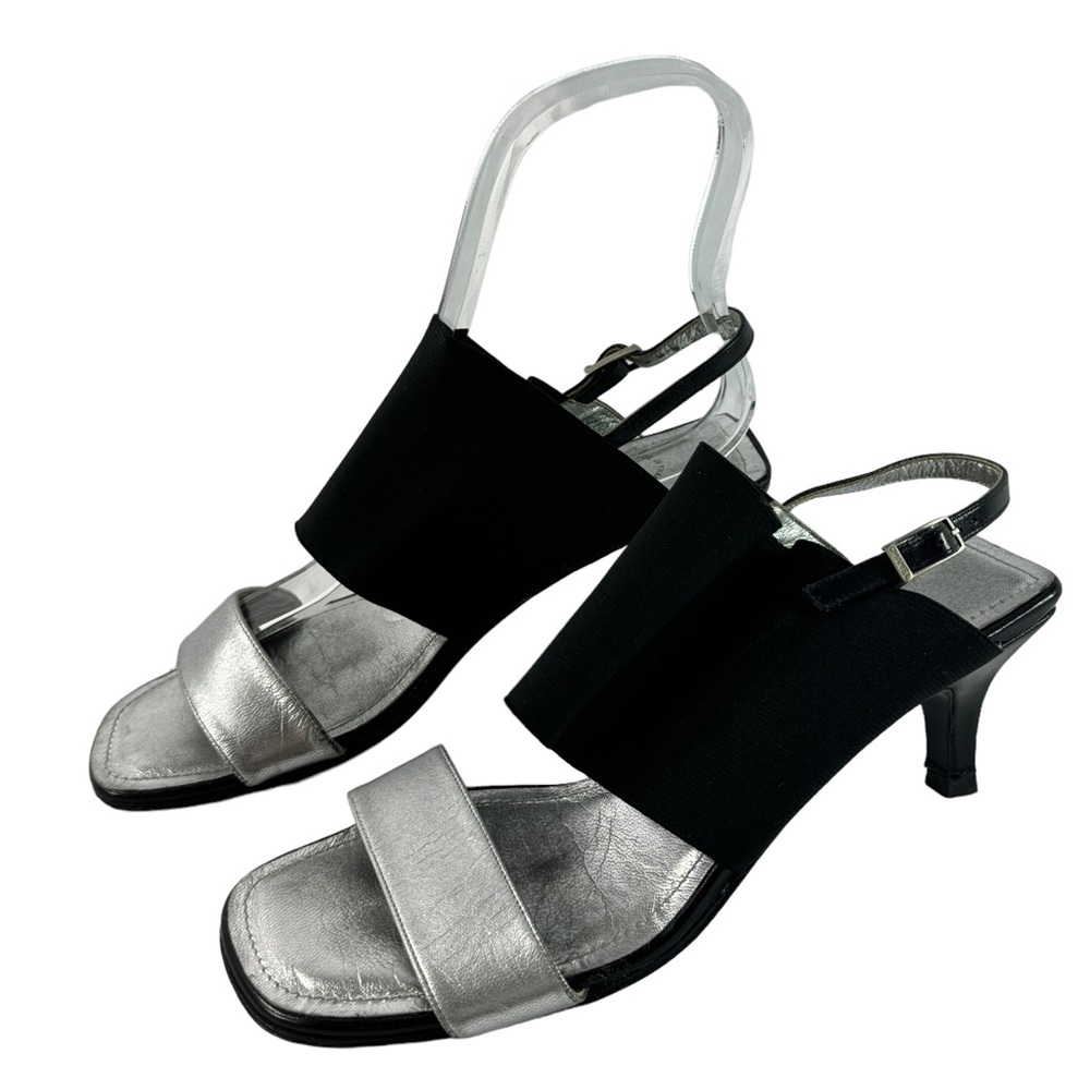 1999 CHANEL Silver Metallic Leather Black Spandex Slingback Sandals 36-6US - Picture 4 of 11